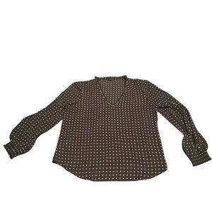 Ann Taylor V-Neck Blouse Women's Size M Grey white polka dots longsleeve